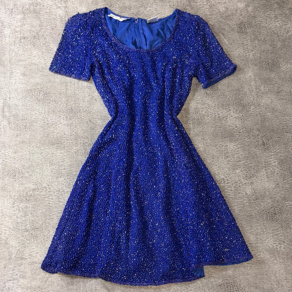 Vintage Blue Silk Embellished Mini Dress